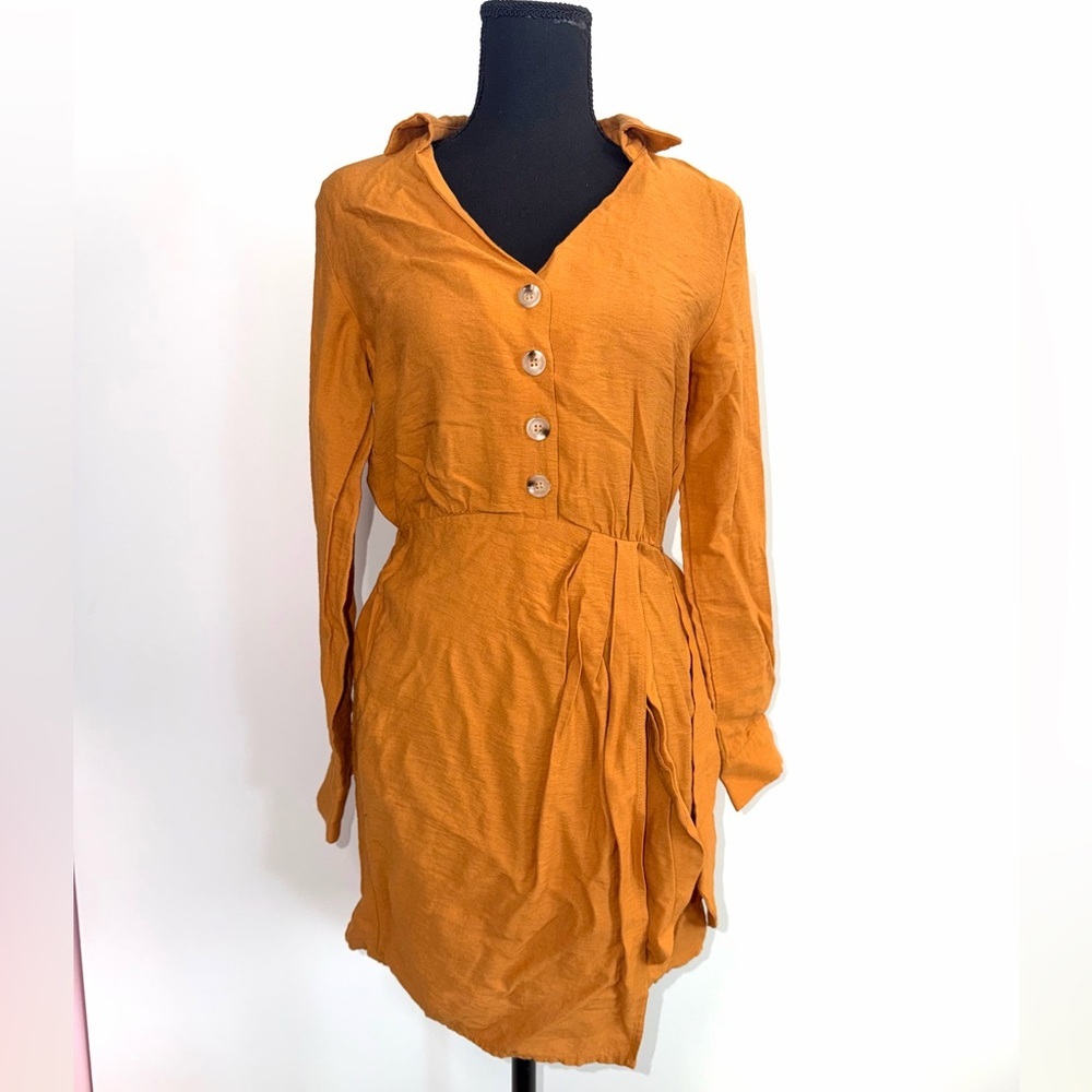 essue Mustard Long-Sleeve Button-Front Wrap Dress